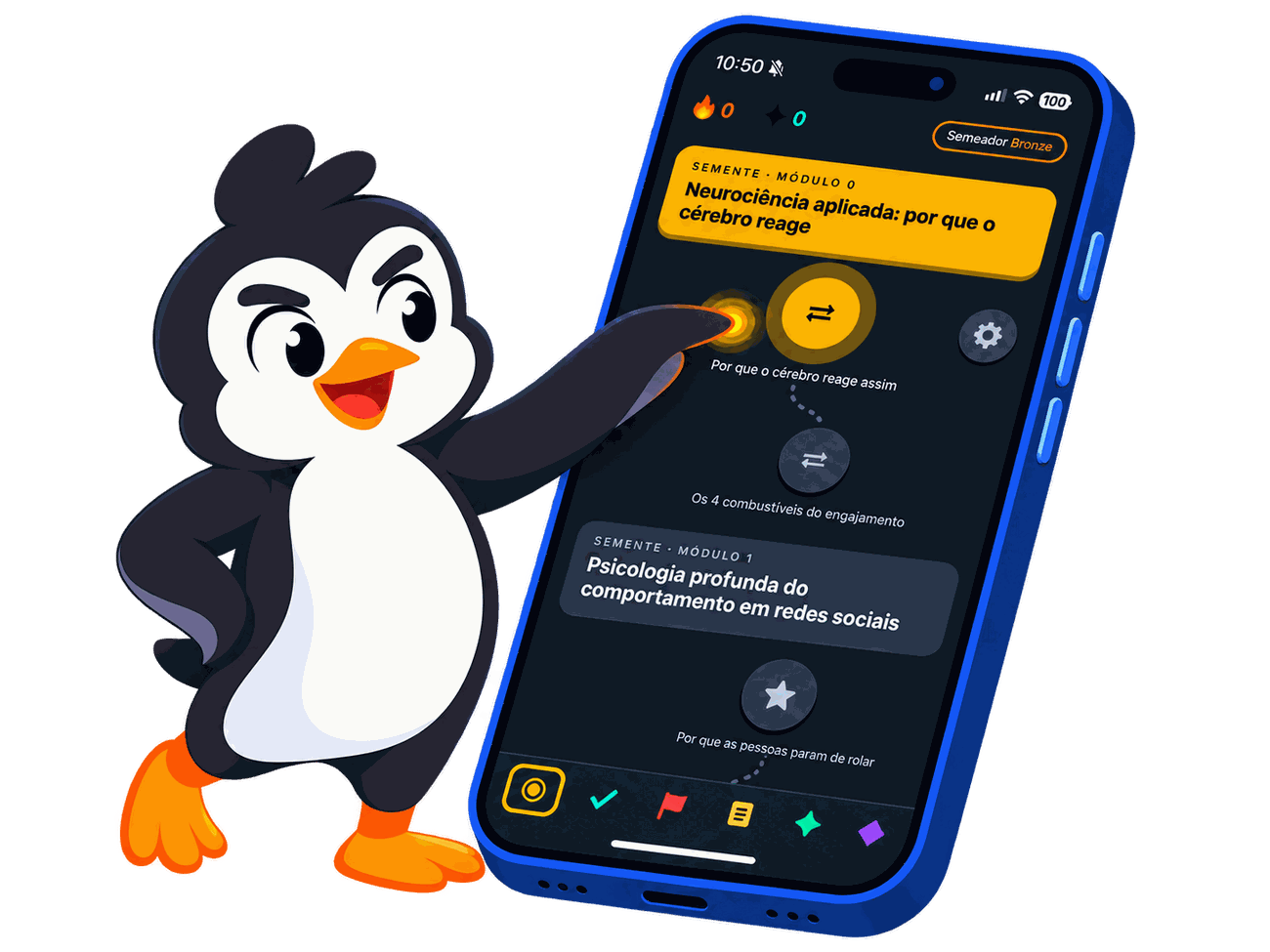 O pinguim do OREM ao lado da trilha de lições do aplicativo